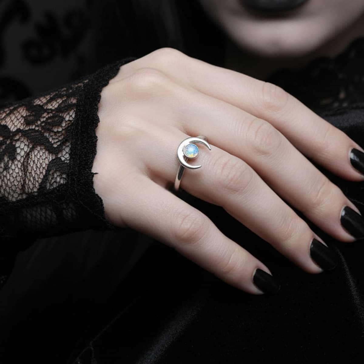 Handmade Moon Ring Solid Silver With Real Opal | Gothic Moon
