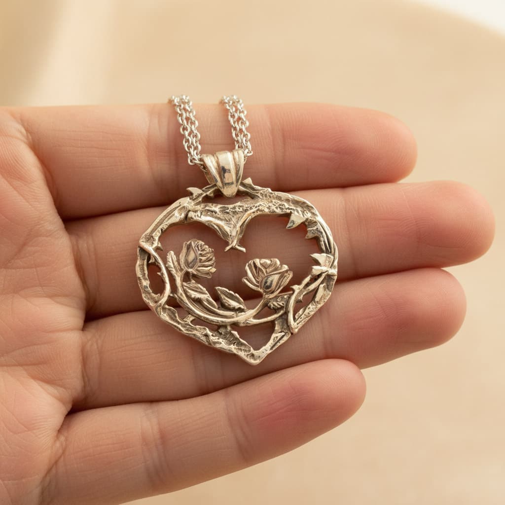 silver handmade necklace of gothic roses inside a heart shape, held in hand of model 