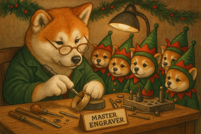 japenese akita wearing glasses at workbench engraving a bangle with its paw, and akita puppies dressed as christmas elves watching. Master engraver displayed on sign on the workbench