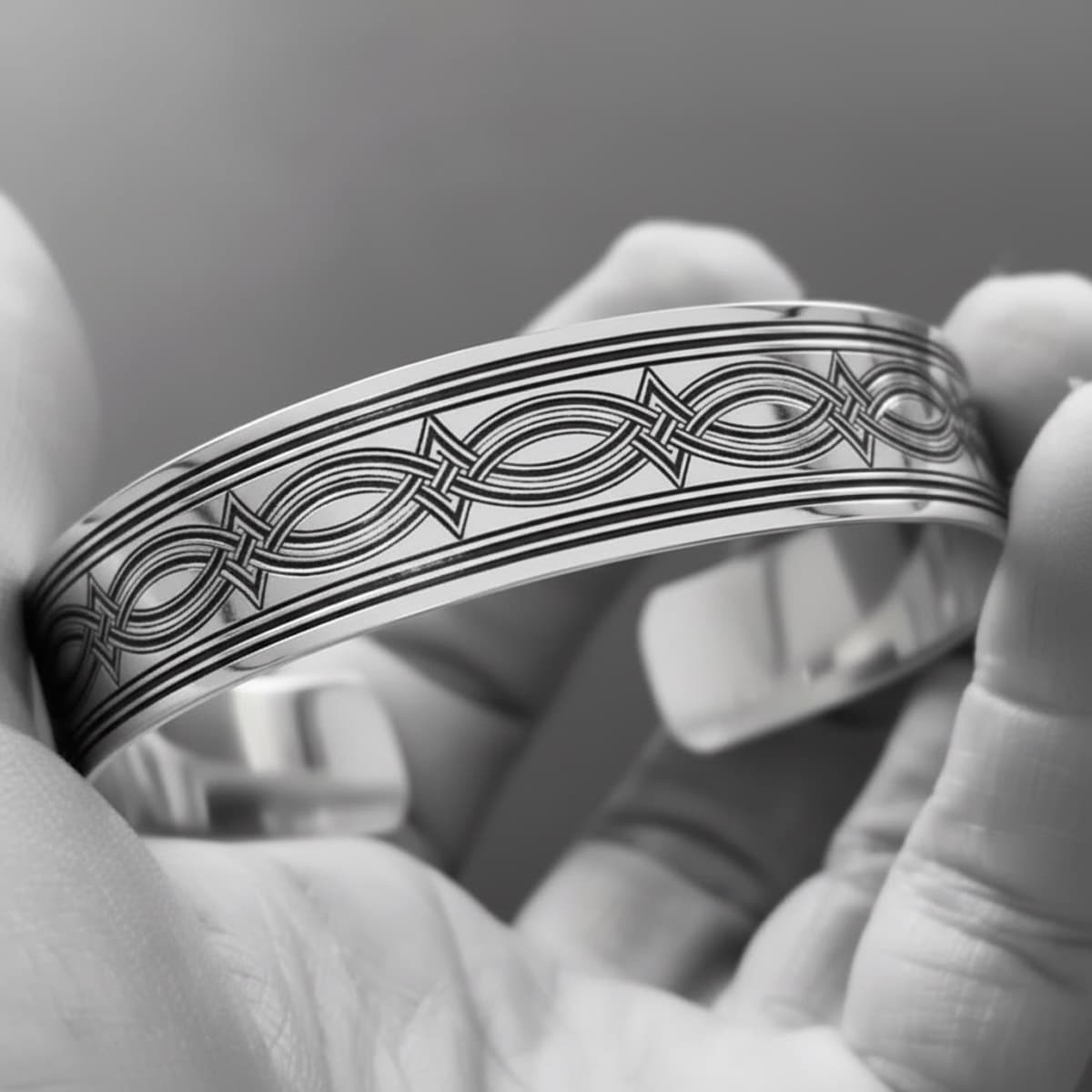mens handmade personalised cuff bangle with complex Celtic knotwork 