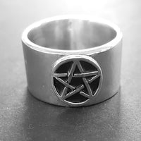 Mens ring with pentagram, solid silver pagan ring for men