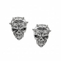 mens horned skull stud earrings in sterling silver 