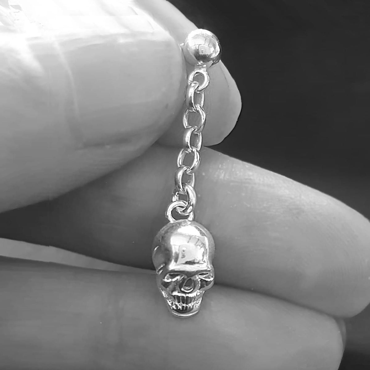 mens skull earrings, chained skull stud - gothic