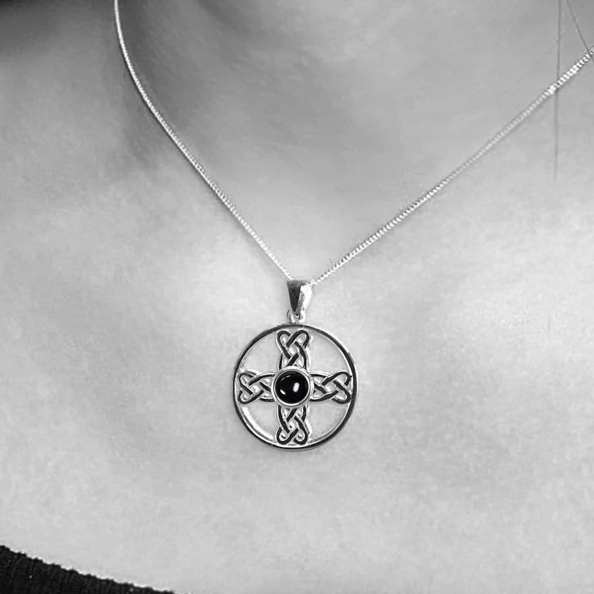 silver necklace celtic cross onyx gemstone
