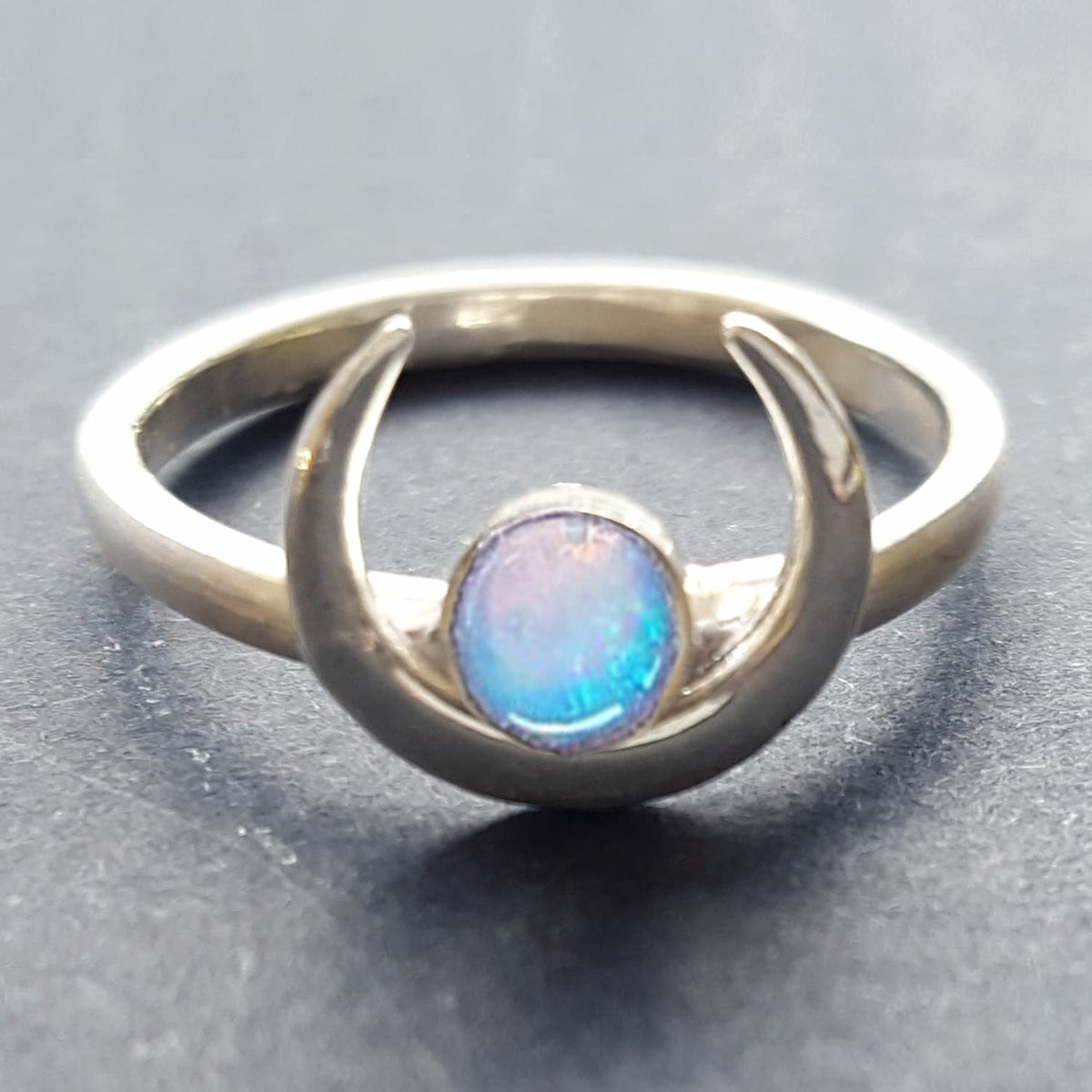 silver moon ring with blue opal