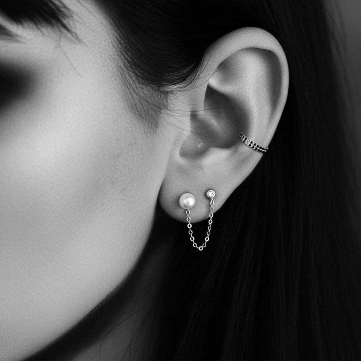 NEW: Pearl Chain Earring, Double Studs