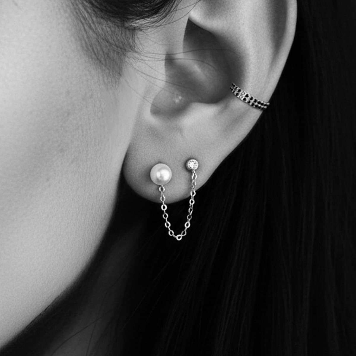 NEW: Pearl Chain Earring, Double Studs