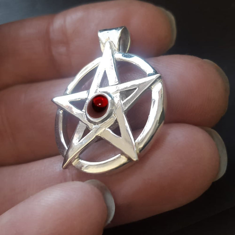 pagan pentagram pendant, pentagram necklace garnet gemstone 