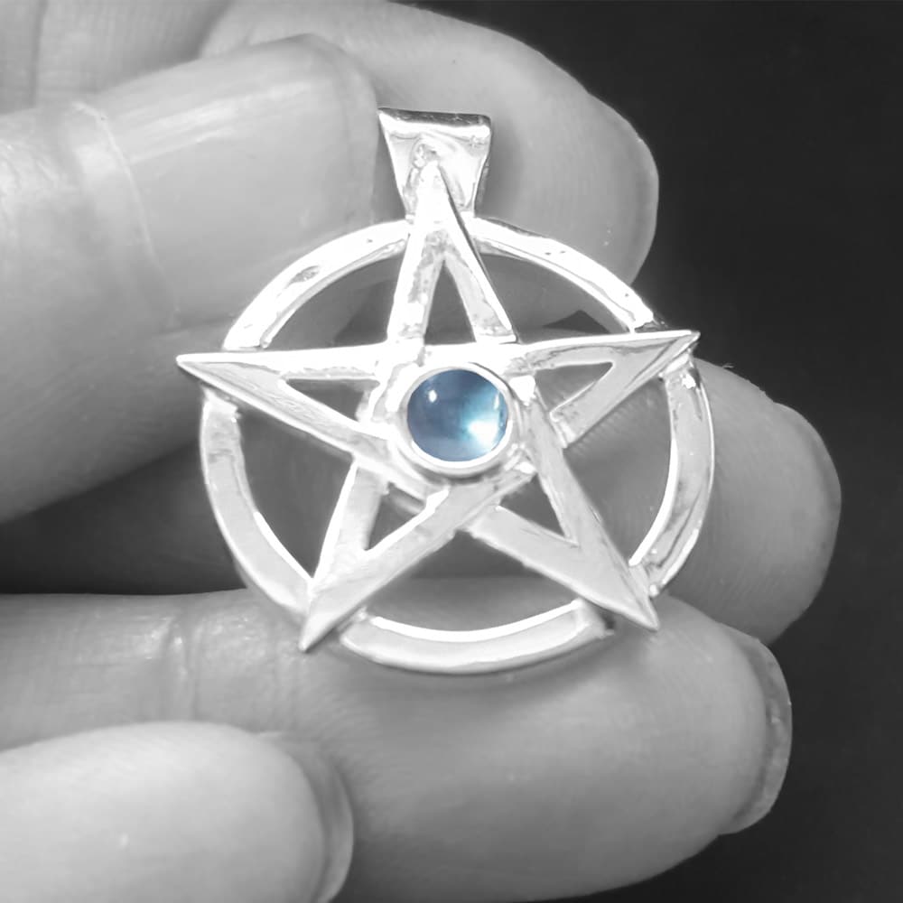 topaz pentagram pendant, silver pentacle necklace with blue topaz, pagan