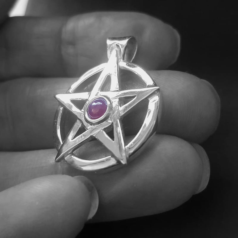 ruby pentacle necklace, silver pagan witchy jewellery