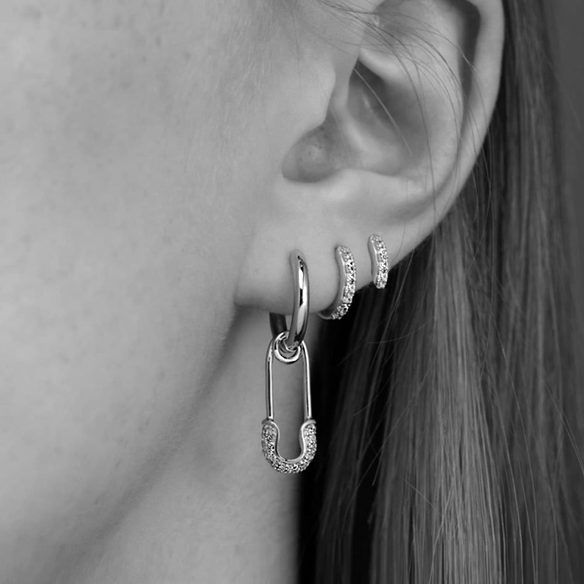 NEW: Safety Pin Hoops, Silver Rhodium