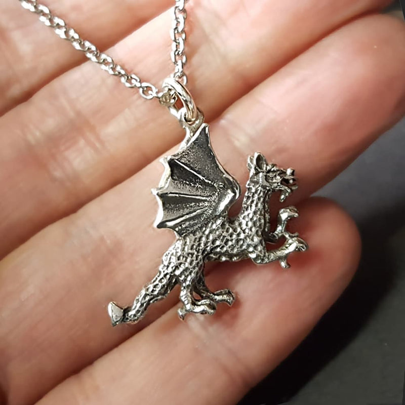 silver dragon pendant, gothic dragon jewellery 