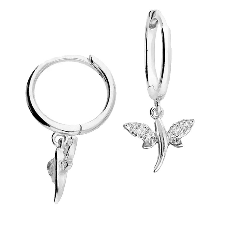 small huggie earrings, silver dragonfly earrings