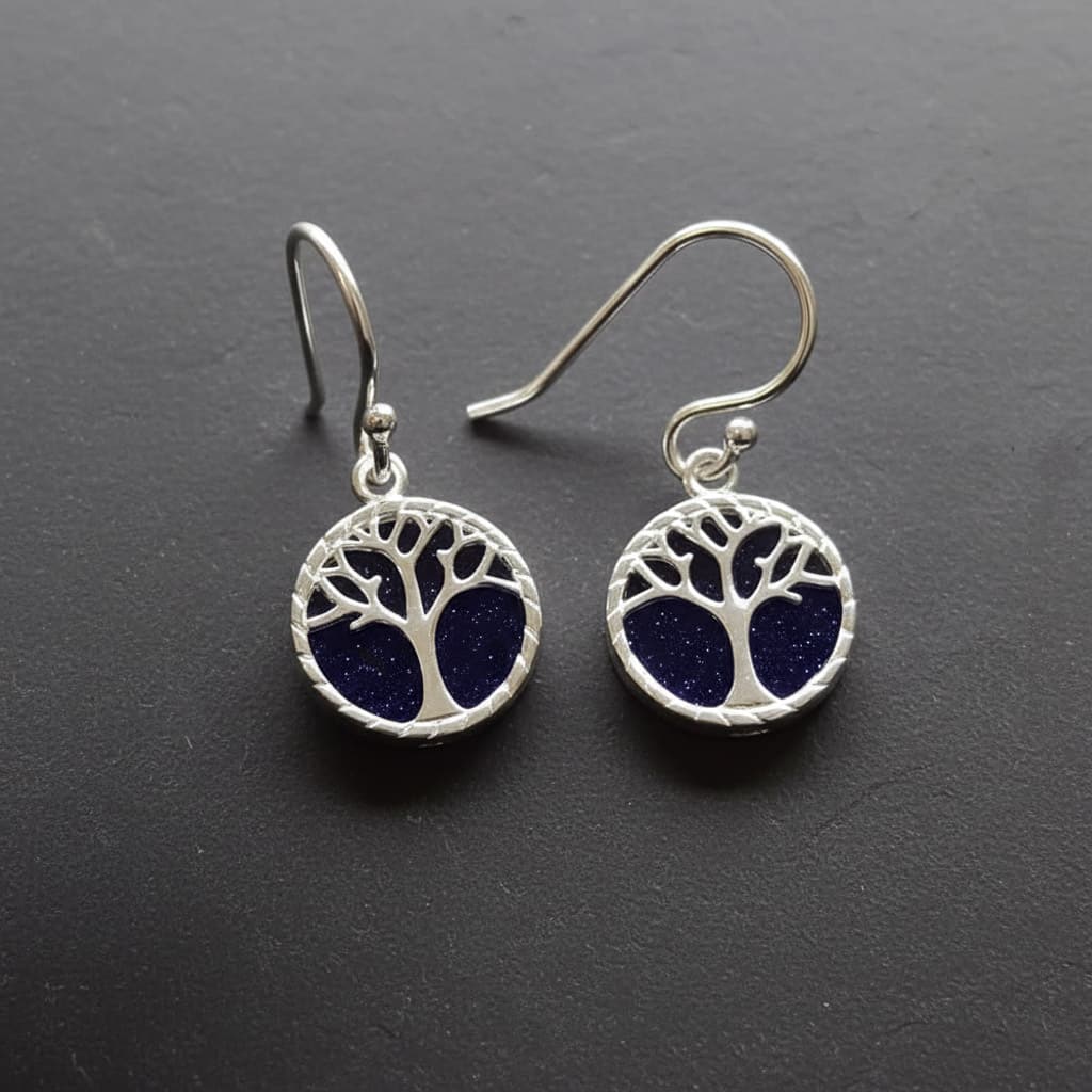 sterling silver earrings with tree of life design on dark behind to show the shimmering flecks of silver in the blue goldstone 