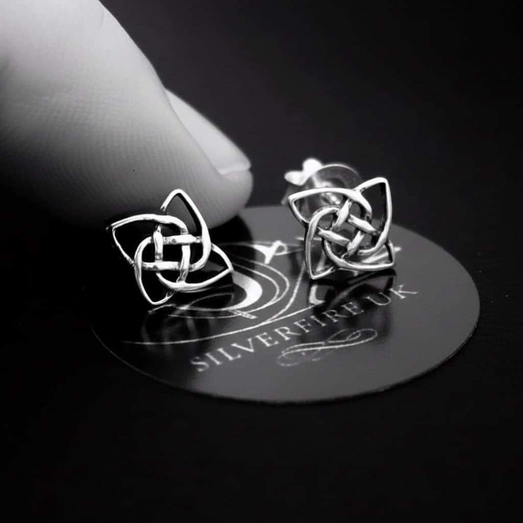 small square Celtic knot earrings sterling silver on a SilverfireUK dark background