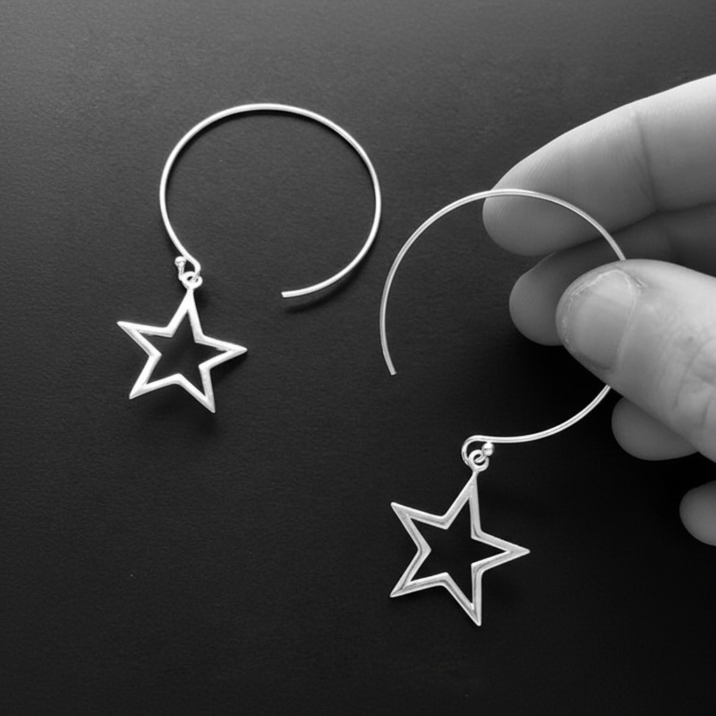 Large Star Hoop Earrings, Sterling Silver