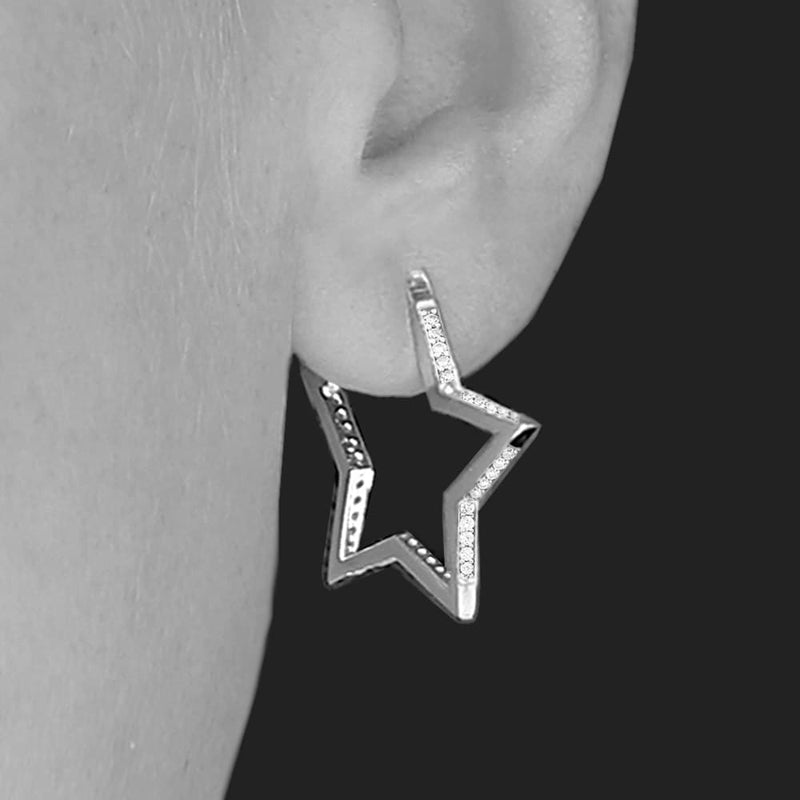 NEW: Silver Star Hoop Earrings Crystal Zirconia , Star Stud Hoops, 27mm