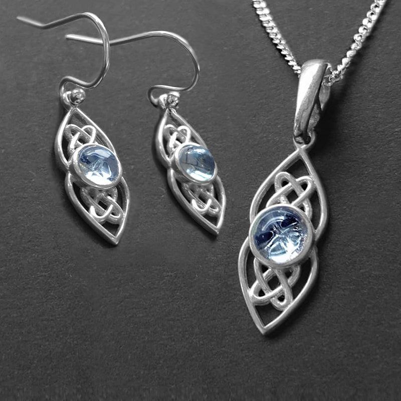 NEW: Dainty Silver Celtic Jewellery With Blue Topaz, Celtic Jewellery SET with Topaz Necklace and Earrings