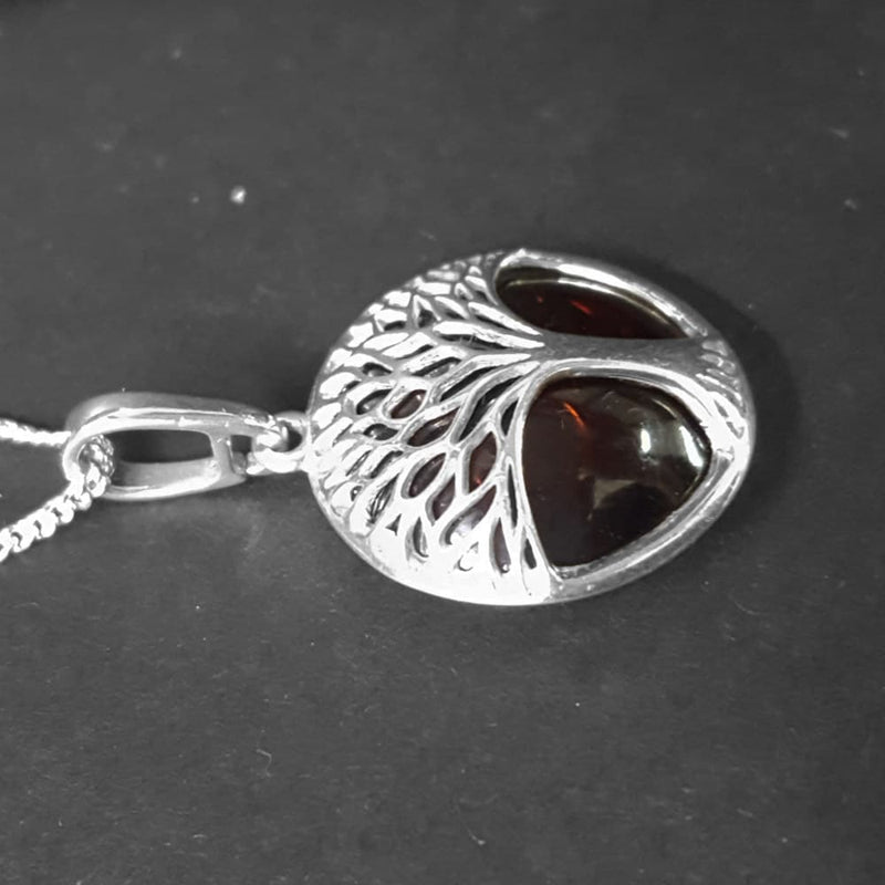 NEW: Domed Tree Of Life Necklace Red Cherry Amber, Sterling Silver