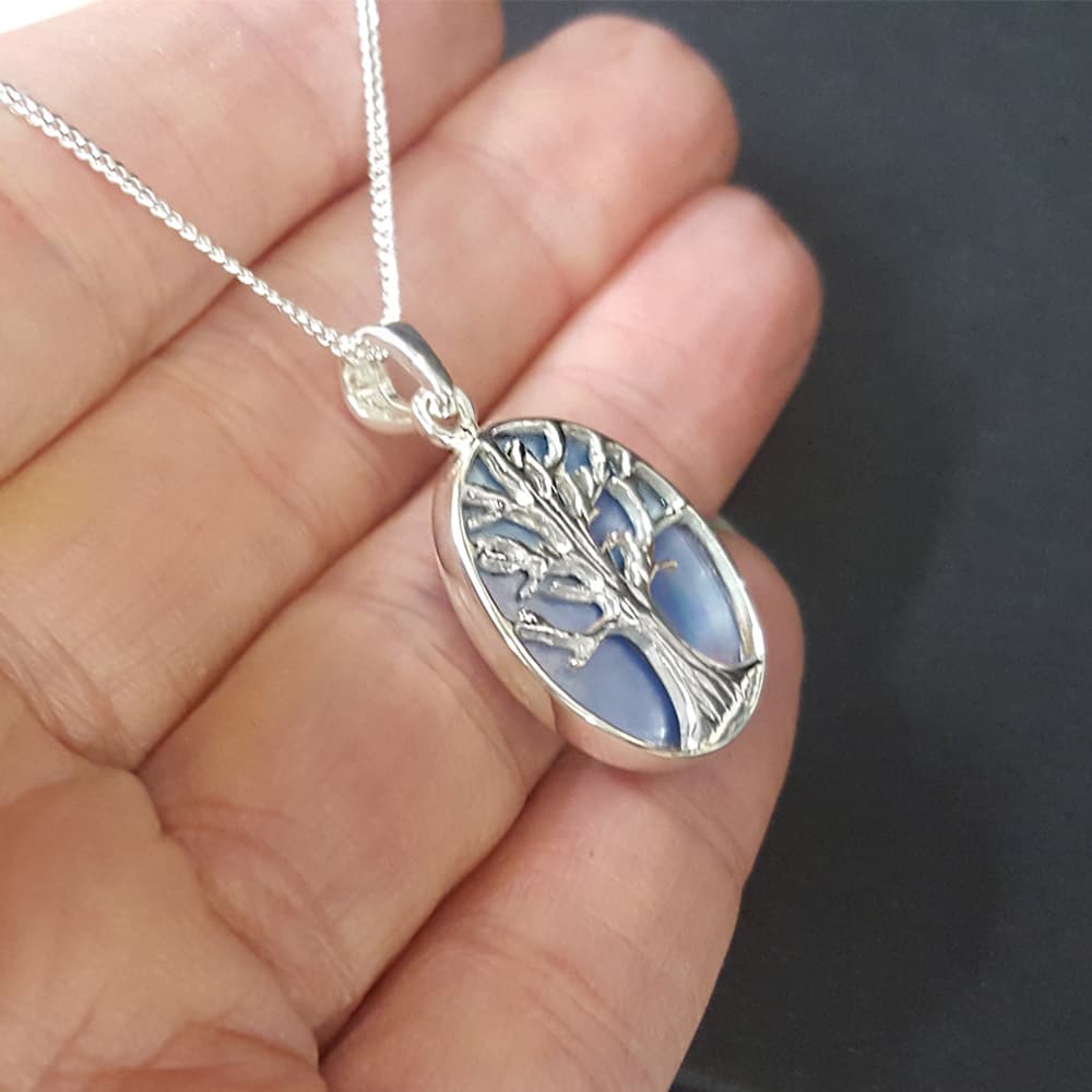 Oval Tree Of Life Pendant Silver and Blue, Nature Necklace