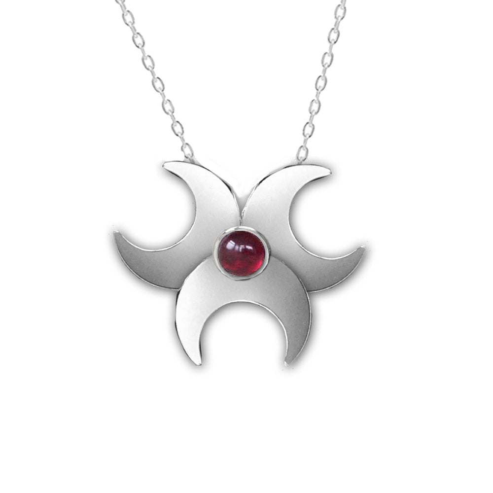 triple moon necklace garnet crystal, moon jewellery
