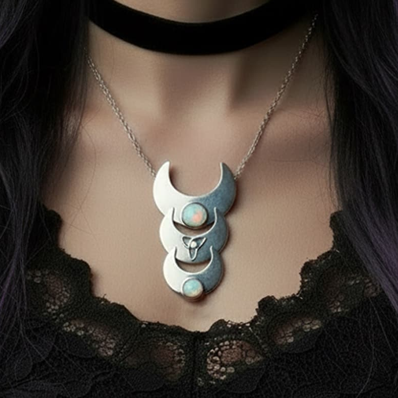 unusual 925 silver stacked triple moon necklace with opals