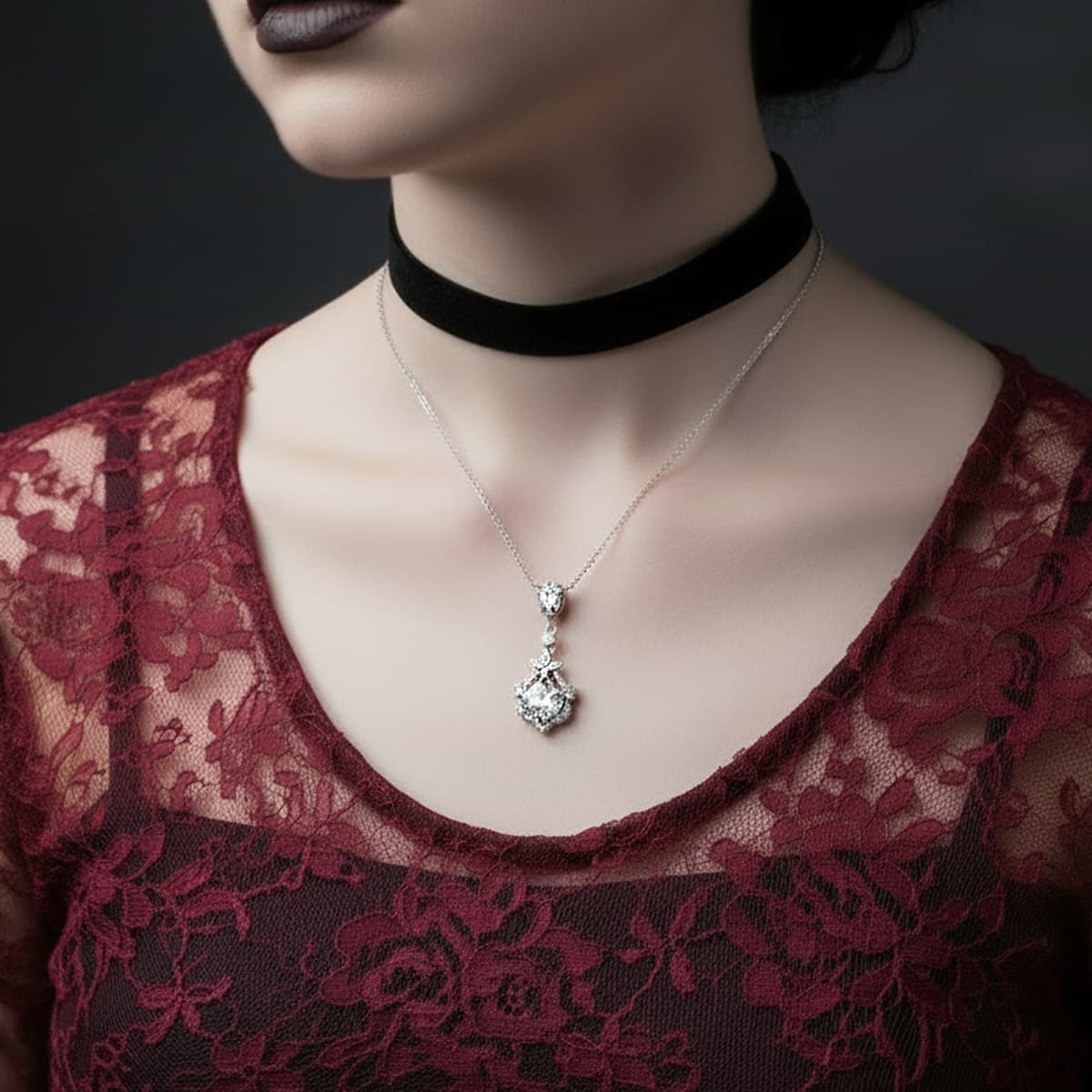 victorian goth crystal necklace on gothic lady
