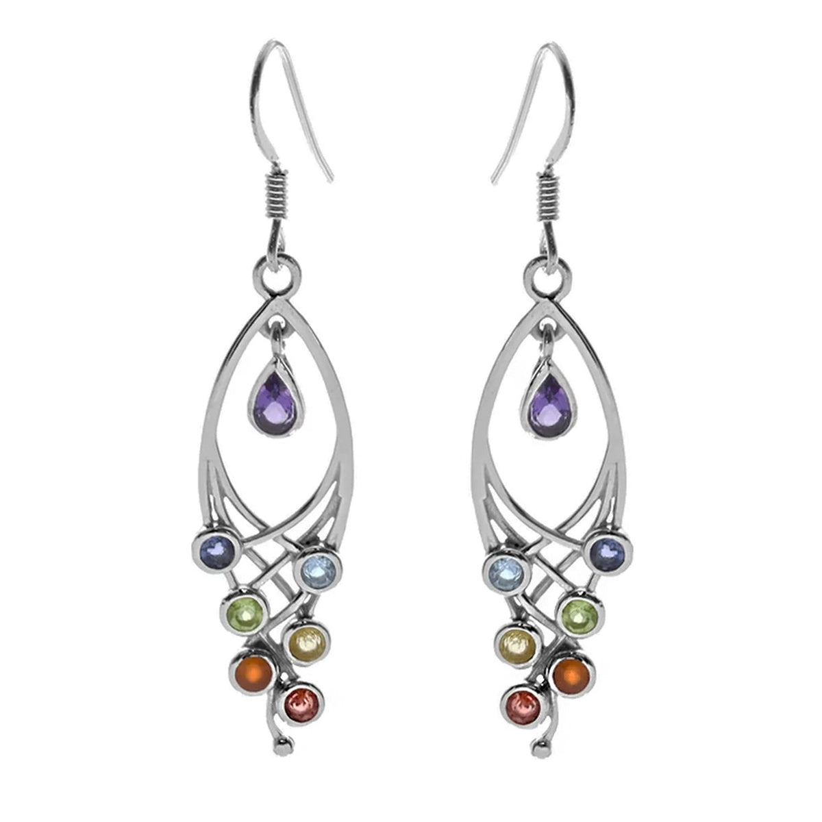 Victorian Gothic crisscross earrings  cathedral style in 925 sterling silver with multi-coloured gemstones and teardrop