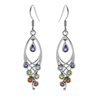 Victorian Gothic crisscross earrings  cathedral style in 925 sterling silver with multi-coloured gemstones and teardrop