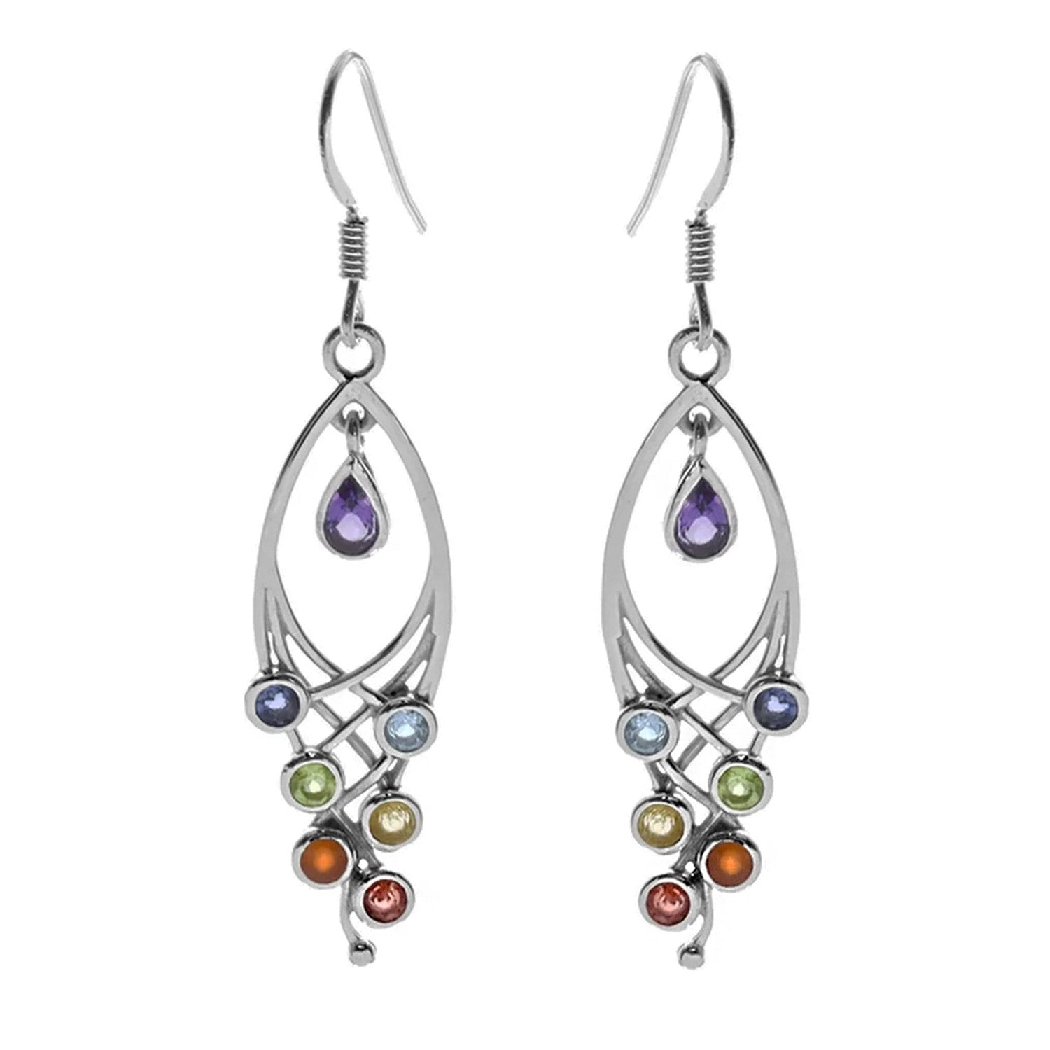 Victorian Gothic crisscross earrings  cathedral style in 925 sterling silver with multi-coloured gemstones and teardrop