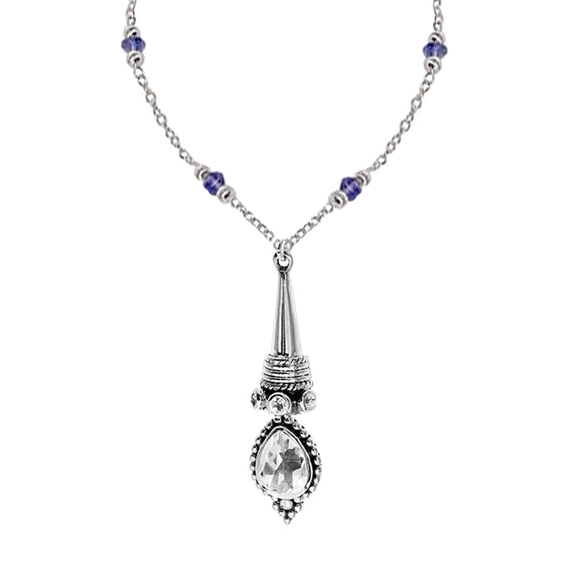 NEW: Gothic Victorian Teardrop Necklace, Sterling Silver, Quartz & Iolite