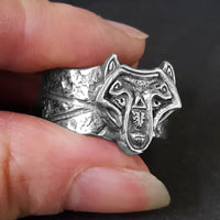 Mens Viking Wolf Ring, Handmade Solid Silver Wolf Ring - Wide Band