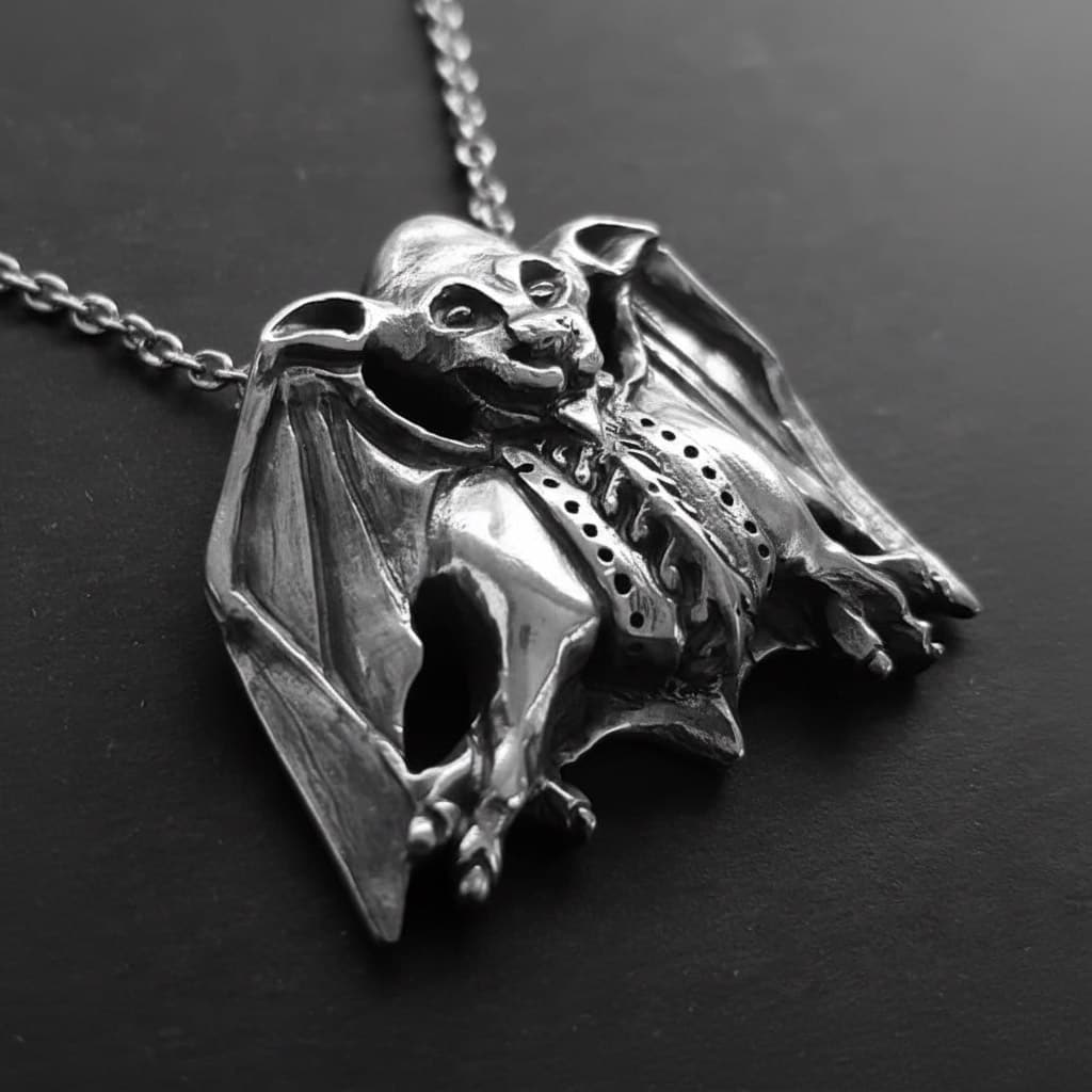handmade silver bat grotesque necklace side profile by SilverfireUK 