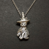 handmade solid silver witchy cat pendant on dark oxidised chain, gothic pagan style