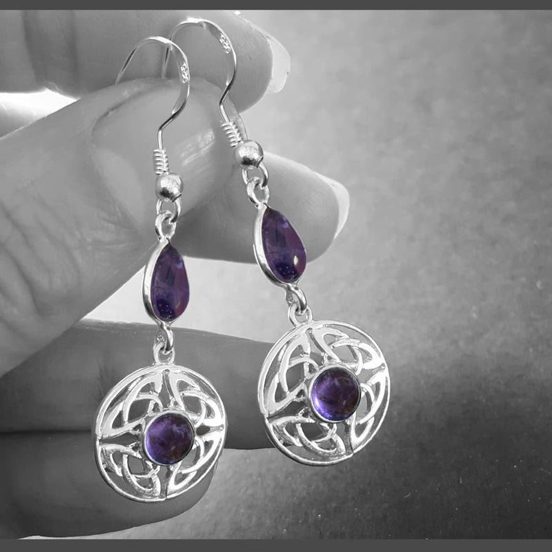 Round Celtic Earrings Amethyst Teardrops | Silverfire UK Celtic Jewellery