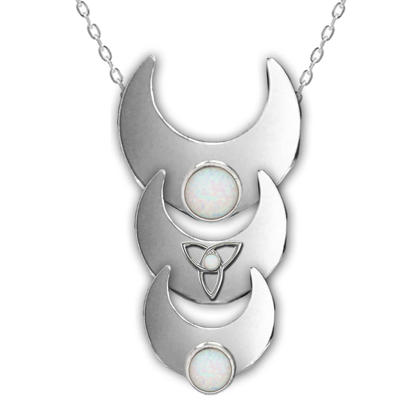 triple moon necklace with triquetra and opals | Pagan Wiccan Celstial Jewellery at SilverfireUK