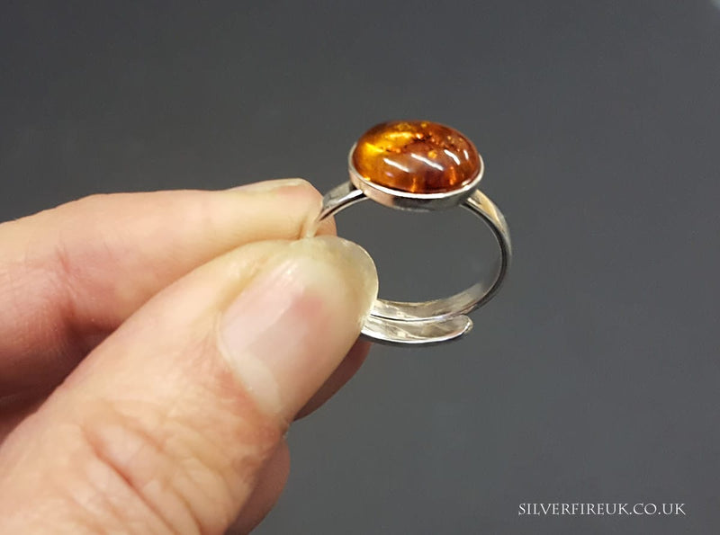 Amber Silver Ring - Adjustable