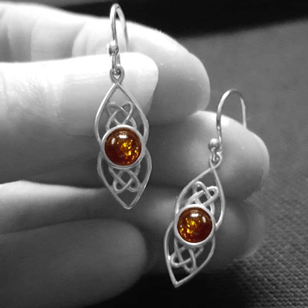silver amber celtic dangle earrings