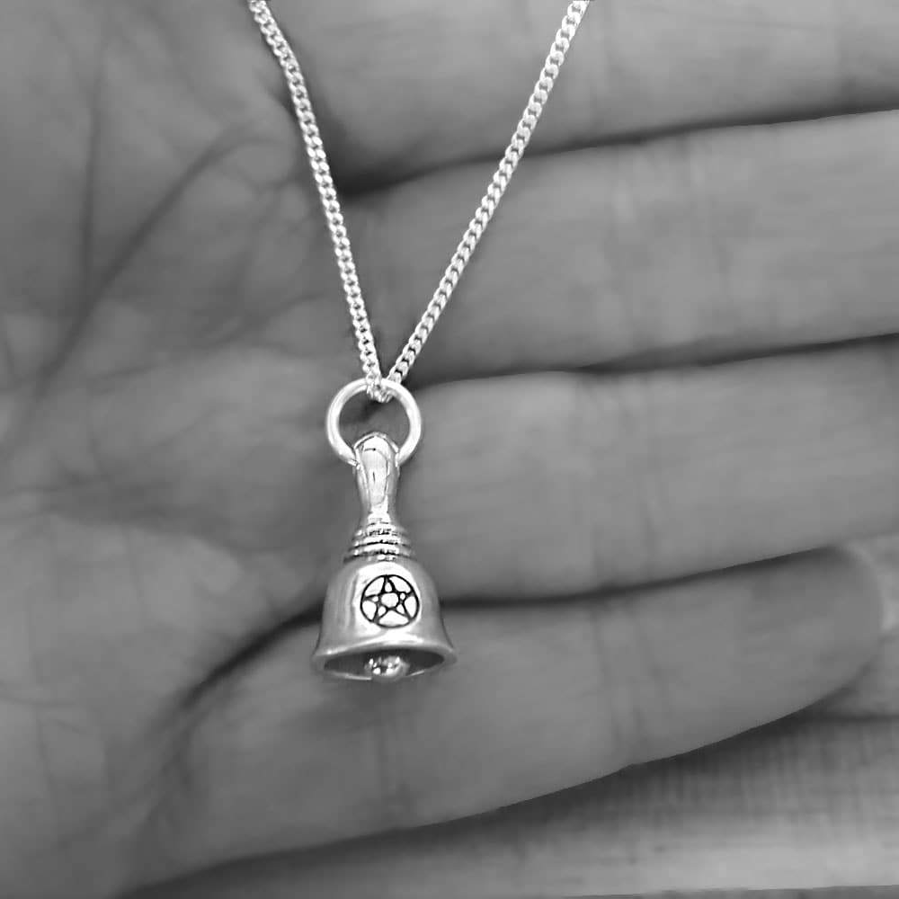 bell charm pentagram necklace, pagan  wiccan witch necklace