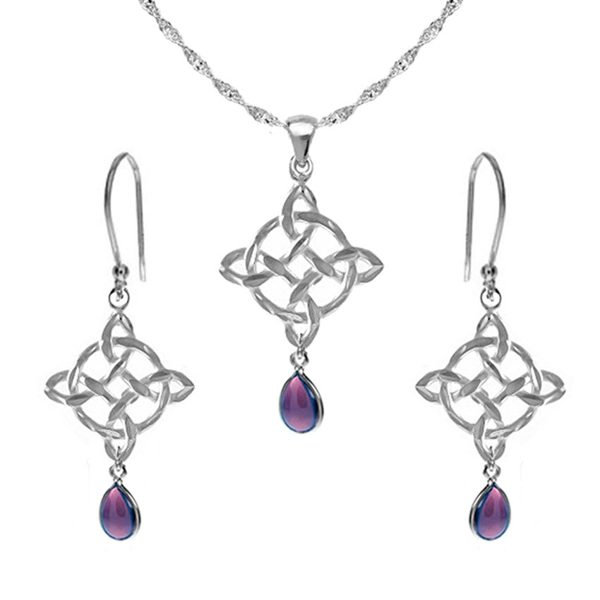 Celtic jewellery set with amethyst teardrops, celtic necklace and celtic earrings full jewellery set