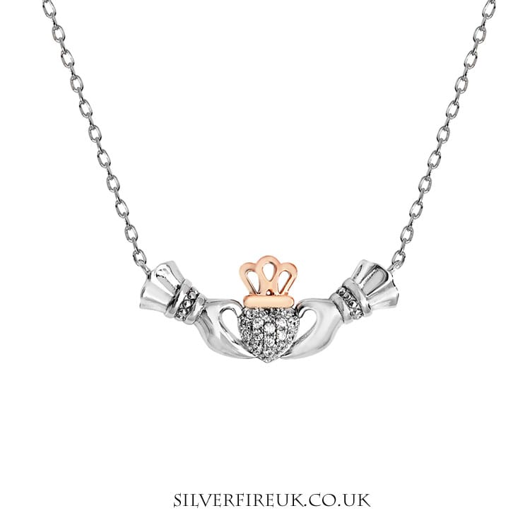 Claddagh necklace with cz and rose gold