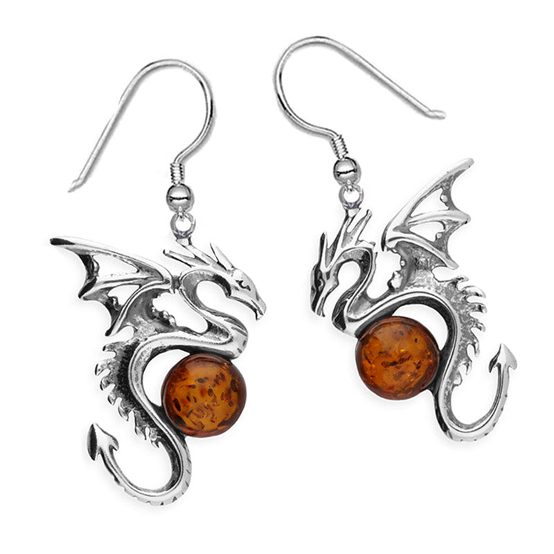 Dragon earrings with amber orb 
