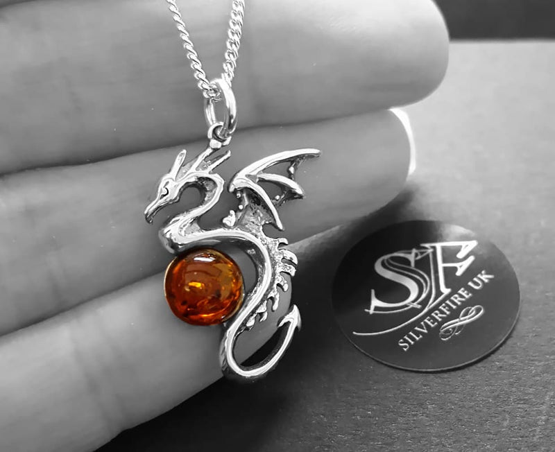 dragon necklace amber orb, gothic jewellery