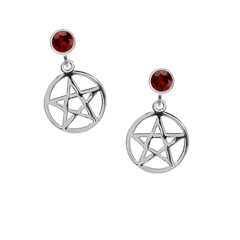garnet pentagram stud drop earrings, pagan, Wiccan