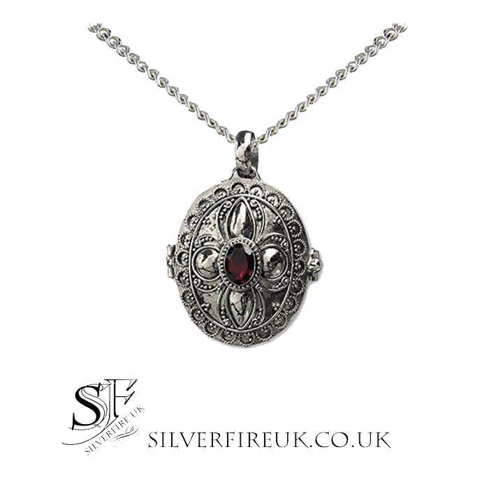 Garnet Oval Locket, Victorian Gothic Style Locket, Silver Garnet