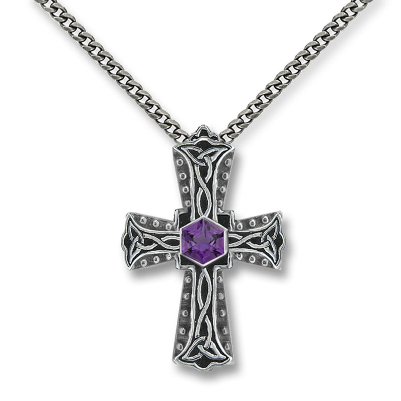 Large celtic cross necklace with amethyst hexagon, mens celtic Jewellery