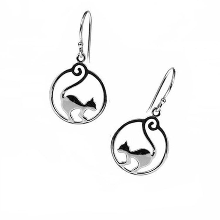 Silver cat earrings with the cats walking the moon, luna cat earrings 