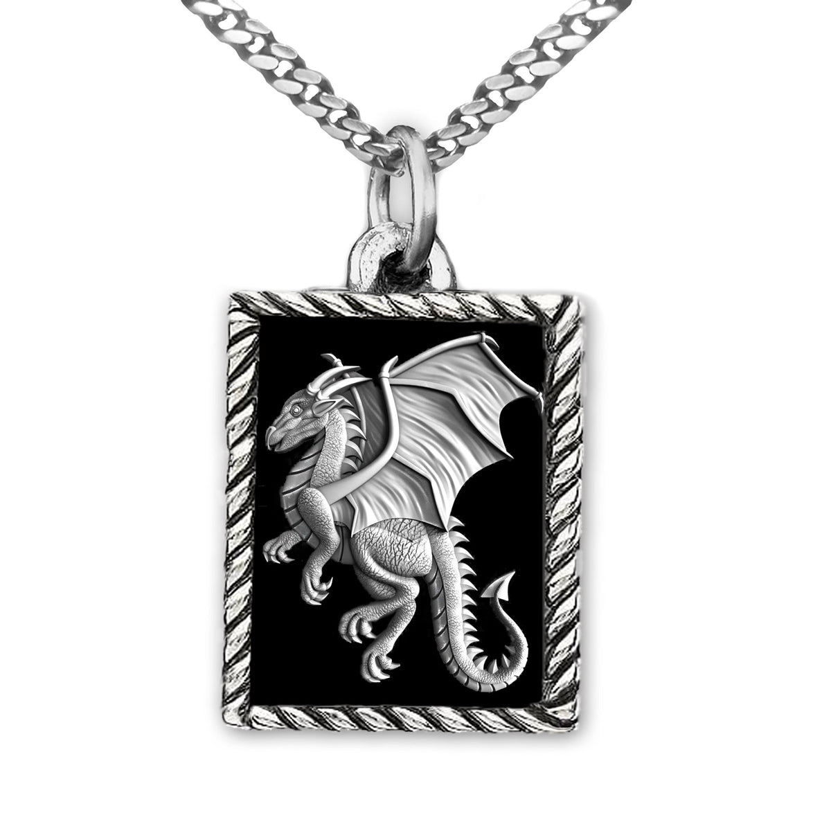 Dragon necklace for men in solid sterling silver with black enamal 