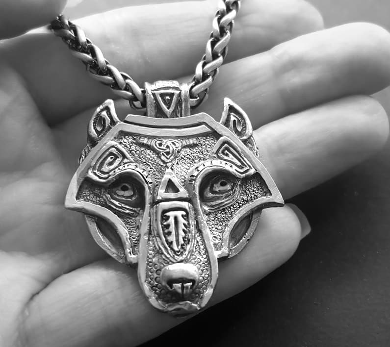 mens viking wolf necklace, solid silver viking wolf jewellery