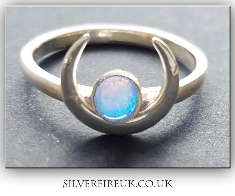 Crescent Moon ring With opal, celestial moon jewellery